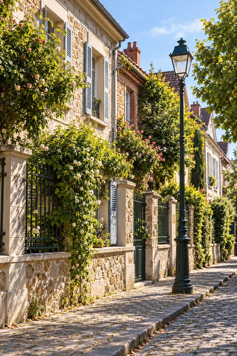 Rue pavillonnaire de Sartrouville avec maisons en meulière, verdure et réverbère