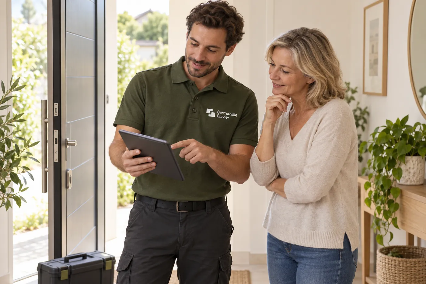 Serrurier en polo olive présentant un devis sur tablette à une cliente dans l'entrée de sa maison